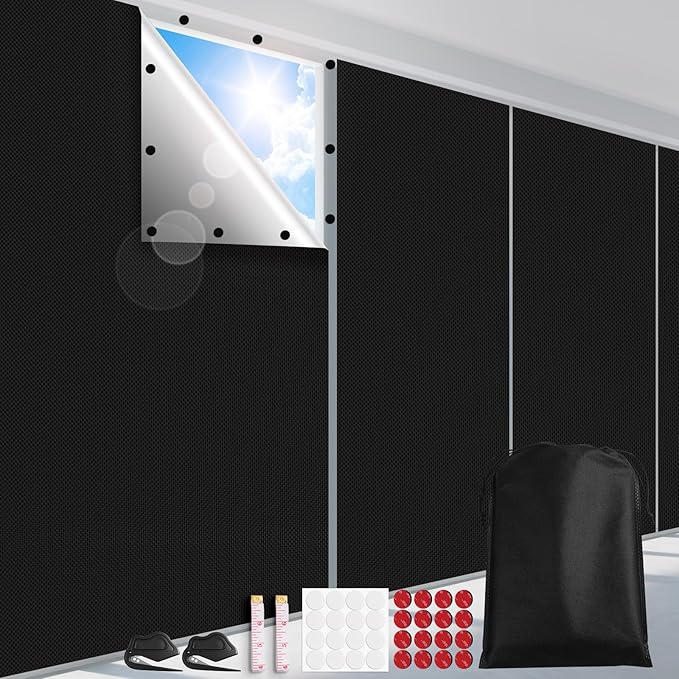 FADOTY Blackout Curtains for Bedroom, Portable 100% Black Out Window Cover Film, Cuttable Blackout Shades Fabric Sheet, No Drill Window Blinds, Sun Heat Light Blocker for Travel Media Dorm, 57'' W