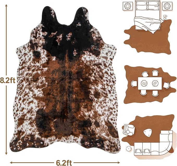 Cow Print Faux Cowhide Rug, Fluffy Fur 6.2x8.2 Feet Washable Cow Rugs for Living Room Bedroom Animal Print Hide Skin Rustic Western Décor Black and Brown