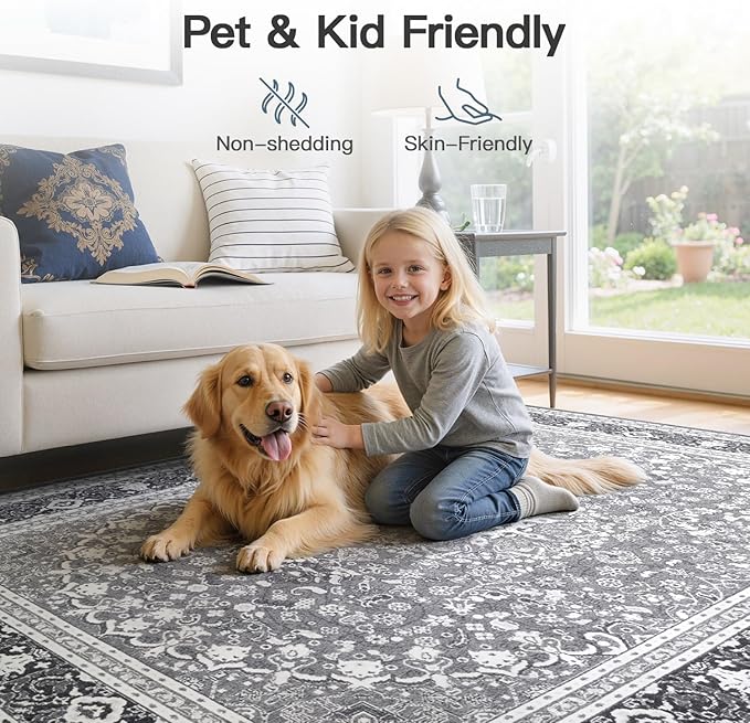 Lofus 9x12 Area Rugs for Living Room, Machine Washable Non-Slip Area Rug, Low Pile Large Rugs for Bedroom, Kitchen, Dining Room, Home Office, Vintage Oriental Print Rug, Light Grey with White