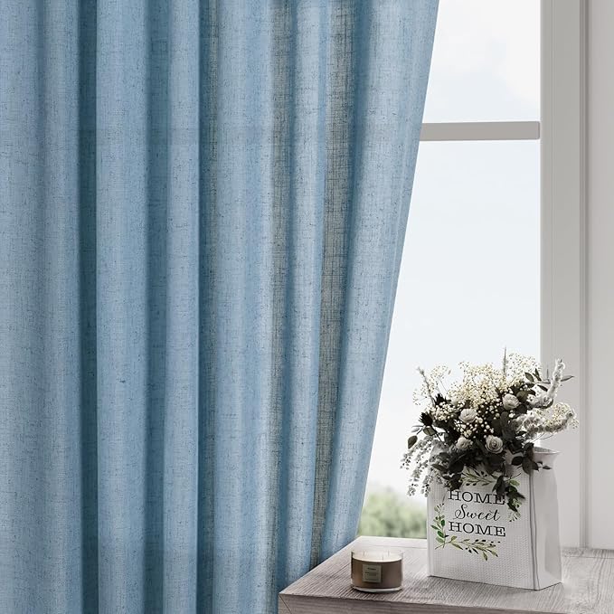 Nanspring Blue Curtains 144 Inches Long 2 Panels for Living Room Back Tab Rod Pocket Semi Sheer Linen Drapes Neutral Home Decor Blue Curtain Ceiling to Floor Length for Dining Room 52x144