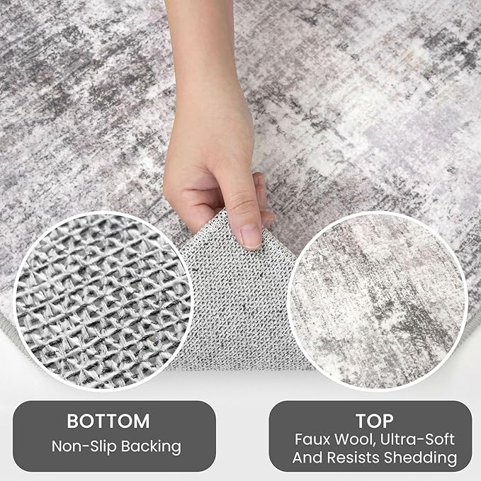 IOHOUZE Abstract Area Rugs 9x12 Ft Washable Large Rugs for Living Room, Non Slip Dining Room Rug, Printed Faux Wool Rugs for Bedroom, Floor Carpet for Office Nursery Playroom, Grey Beige