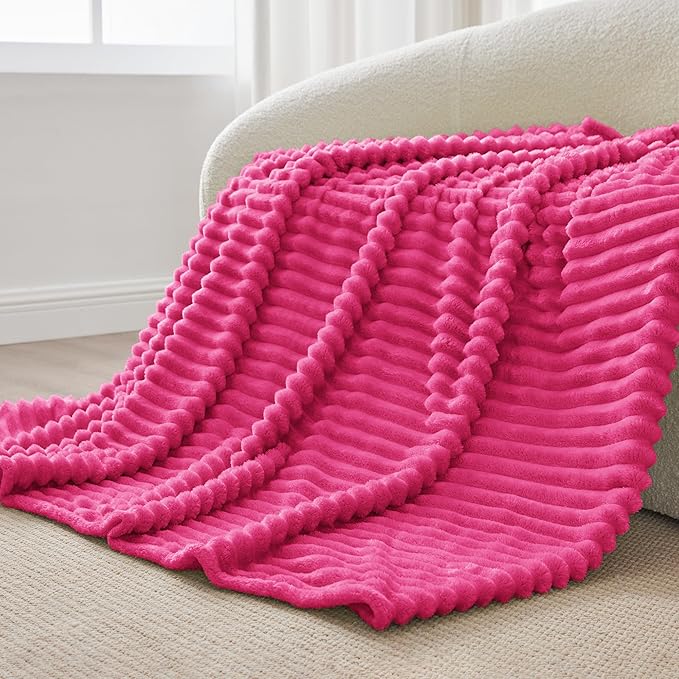 BEDELITE Twin Blanket for Couch & Bed, 300GSM Soft & Warm Fleece Blanket, Decorative and Giftable Striped Hot Pink Blankets for Women, Men, 60"x80"