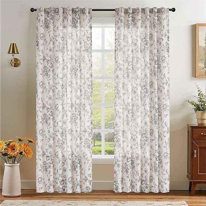 jinchan Floral Curtains for Living Room 84 Inch Length Farmhouse Printed Curtain Rod Pocket Back Tab Black Peony Flower Patterned Drapes Bedroom Window Curtains Set 2 Panels 25% Linen 75% Polyester