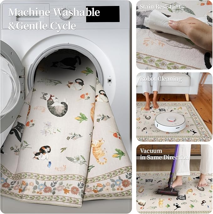 2x10 Washable Hallway Runner Rug - Soft Low Pile Floral Animal Cat Print Rugs with Non-Slip Backing Waterproof Stain-Resistant Indoor Carpet for Kitchen Entryway Bathroom Bedroom (Light Beige)