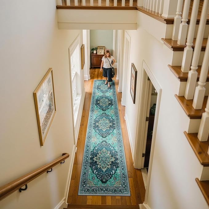 RELEANY Area Rugs 2'x10' Runner Rug Non Slip Washable for Kitchen Hallway Bedroom Beside Laundry Room Bathroom Rug, Floor Carpet, Teal Green Lake Blue Turquoise