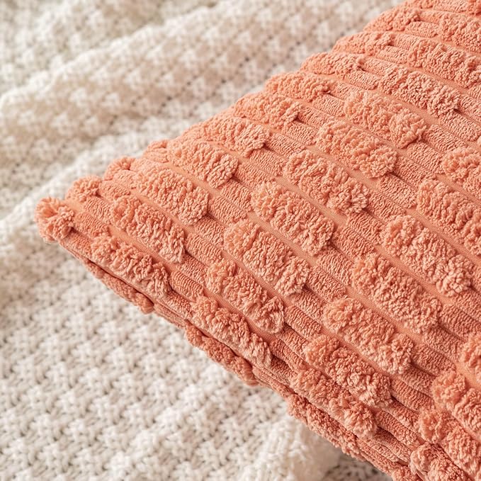 MIULEE Pack of 2 Corduroy Decorative Throw Pillow Covers 18x18 Inch Soft Boho Striped Pillow Covers Modern Farmhouse Home Decor for Summer Sofa Living Room Couch Bed Coral