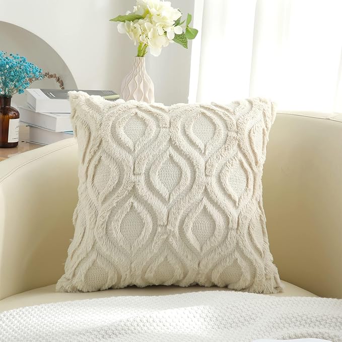 decorUhome Throw Pillow Covers 16x16 Inch Set of 2, Soft Plush Faux Wool Beige Solid Couch Pillow Covers, Accent Farmhouse Neutral Square Pillow Cases for Sofa Bed Living Room
