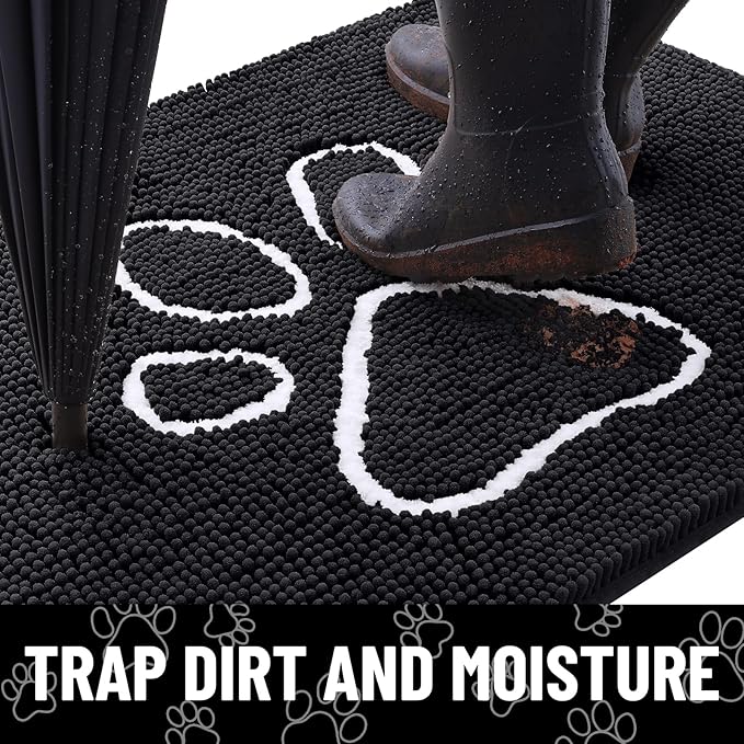 Smiry Dog Door Mat for Muddy Paws, Absorbent Dirt Trapper Non Slip Quick Dry Washable Chenille Mat for Mud Dogs, Entry Rug for Indoor and Outdoor (54x24 Inches, Black and White)