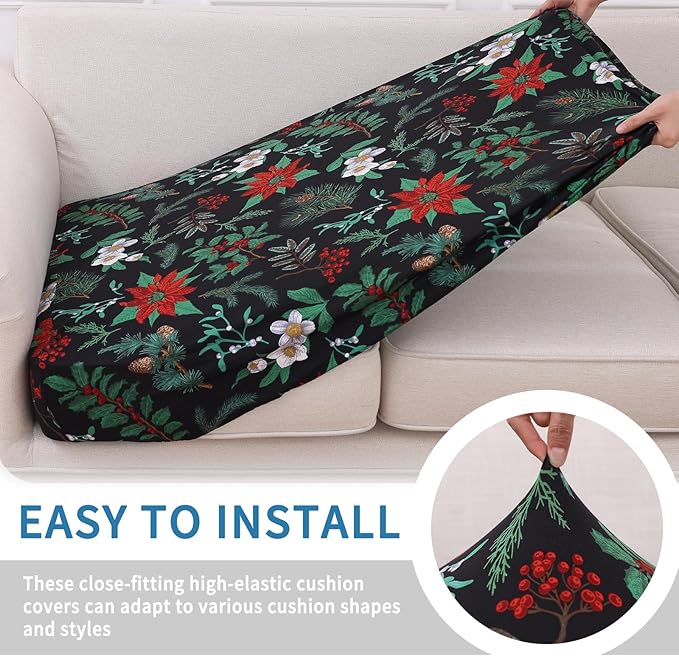 hyha Printed Couch Cushion Covers, Floral Sofa Covers Washable for Cushion Couch, Stretch Pattern Outdoor Cushion Covers for Patio Furniture with Elastic Bottom(Back Cover M, Christmas Botanical)