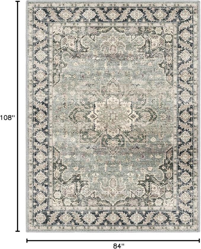 7X9 Area Rugs - 7X9 Washable Area Rug Indoor Vintage Rug Print Rug Low-Pile Floor Carpet for Living Room, Bedroom (Olive Charcoal/Yellow/Tan)