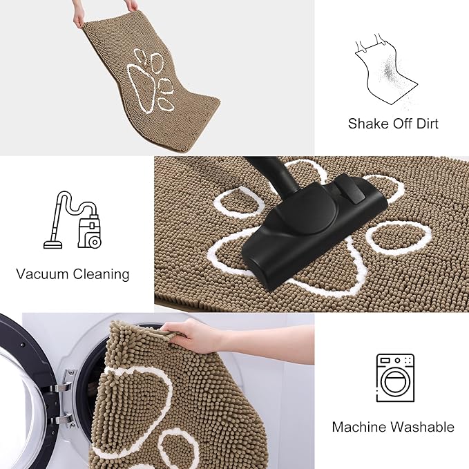Smiry Dog Door Mat for Muddy Paws, Absorbent Dirt Trapper Non Slip Quick Dry Washable Chenille Mat for Mud Dogs, Entry Rug for Indoor and Outdoor (70x24 Inches, Camel and Black)