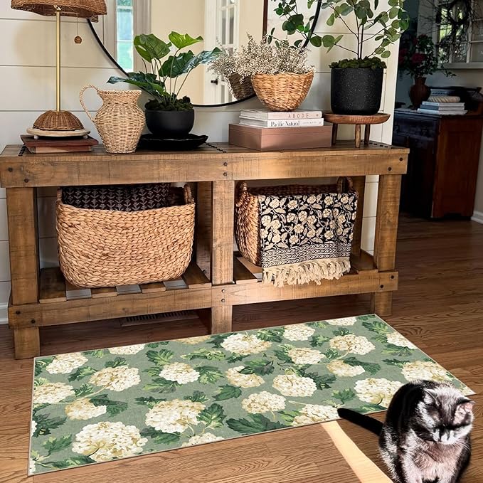 Front Door Mat Indoor Entrance - 2x4.3 Ft Spring Washable Layered Doormat Outdoor Entrance Porch Rug Non-Slip Sage Green Beige Floral Runner Rug for Kitchen Bedroom Laundry Room Porch Decor