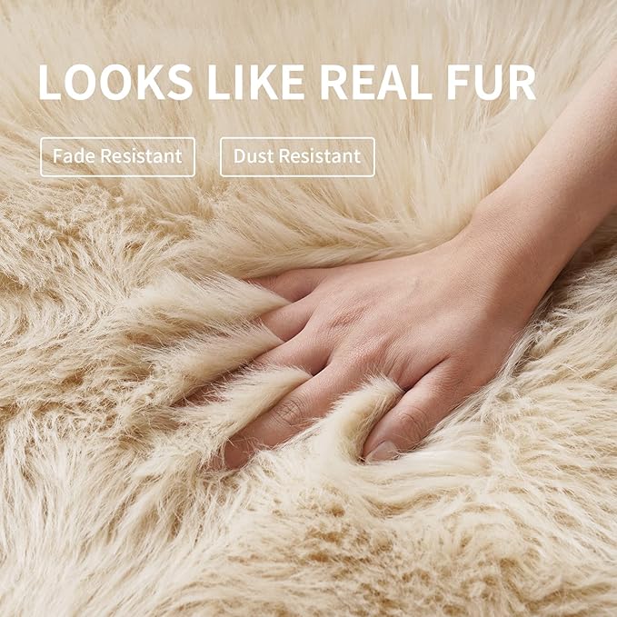 Faux Fur Rug Sofa Chairs Cover, Beige Small Rug for Bedroom, 2X3 Shaggy Furry Rugs for Kids Room, Shag Fluffy Rugs for Nursery Room, Soft Fuzzy Plush Carpet