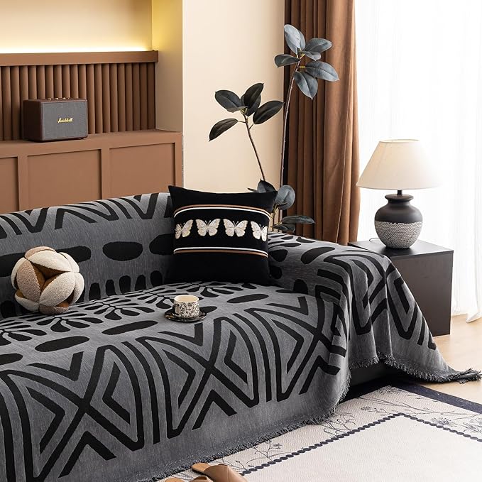 HANDONTIME Boho Couch Cover Blanket Geometric Striped Pet Covers for Couches and Sofas Dark Grey and Black Dog Cover for Couch Pet Friendly Chenille Sectional Sofa Covers for Pets Washable, 71" X150"