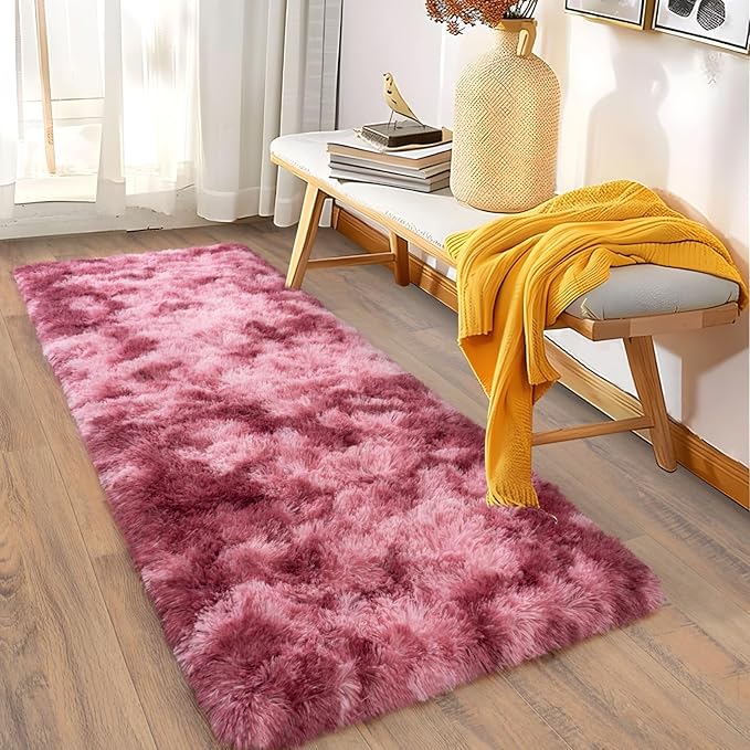 Soft Runner Rugs for Bedroom Hallways, 2x6 Tie-Dyed Blush Pink Fluffy Shag Throw Area Rug Non Slip for Bedside Dorm, Long Shaggy Furry Carpet for Nursery Living Room
