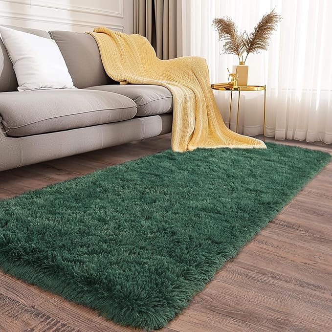 Soft Runner Rugs for Bedroom Hallways, 2x6 Green Fluffy Shag Throw Area Rug Non Slip for Bedside Dorm, Long Shaggy Furry Carpet for Nursery Living Room