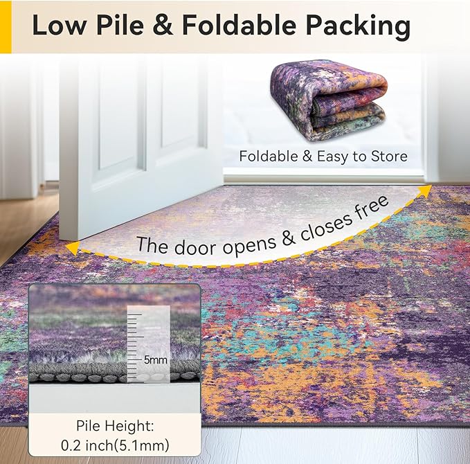 Washable Area Rugs 5'x8' Non-Slip Modern Abstract Soft for Living Room Entryway Bedroom Nursery, Print Pattern, Purple Orange Blue Green Rust Red Colorful