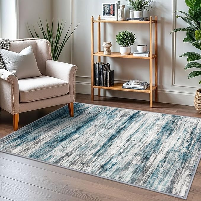KOZYFLY Modern Abstract 3x5 Entryway Rug Non-Slip Washable Area Rug, Blue Throw Rugs Indoor Mat for High-Traffic Door Entrance, Kitchen, Laundry, Nursery, Soft Bedroom Living Room Accent