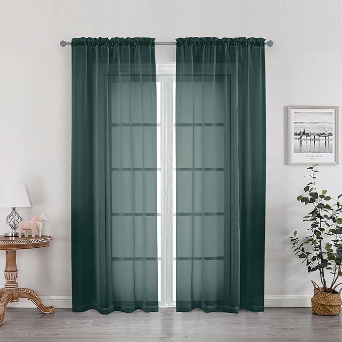 OWENIE Green Sheer Curtains 78 Inches Long for 2 Panels Set for Christmas, Solid Light Filtering Fimly Voile Sheer Curtains for Living Room Bedroom, Hunter Green, 42" x78