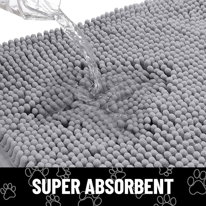 Smiry Dog Door Mat for Muddy Paws, Absorbent Dirt Trapper Non Slip Quick Dry Washable Chenille Mat for Mud Dogs, Entry Rug for Indoor and Outdoor (40x32 Inches, Grey and White)