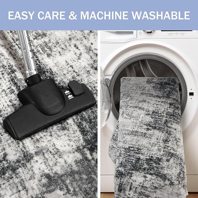 IOHOUZE Modern Abstract Area Rugs 6x9 Ft Washable Rugs for Living Room, Non Slip Dining Room Rug, Printed Faux Wool Rugs for Bedroom, Floor Carpet for Office Nursery Playroom, Black Grey