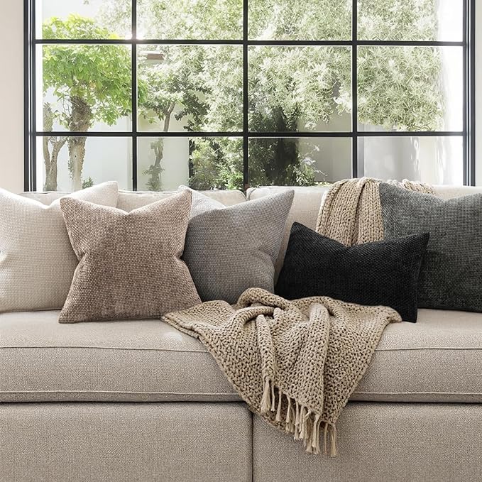 MIULEE Pack of 2 Couch Throw Pillow Covers 18x18 Inch Light Khaki Boho Accent Decorative Pillow Covers Soft Chenille Farmhouse Taupe Cushion Covers for Home Decor Bed Sofa Living Room