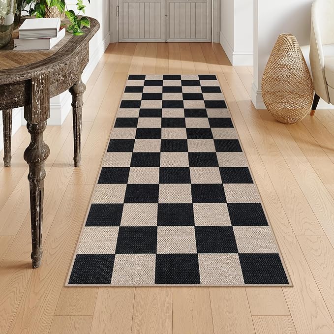 Lahome Colette Checkered Easy Jute Runner Rug, 2x6 Kitchen Runner Rug Non Slip Washable Outdoor Carpet for Entryway Indoor, Checkerboard Black Indoor Outdoor Carpet Runners for Hallway 6ft Entry