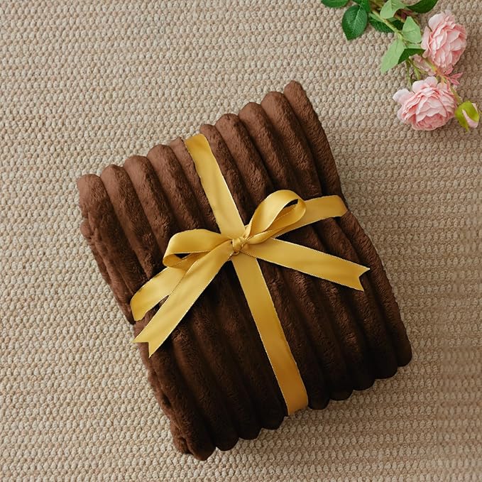 BEDELITE Twin Blanket for Couch & Bed, 300GSM Soft & Warm Fleece Blanket, Decorative and Giftable Striped Chotolate Brown Blankets for Women, Men, 60"x80"