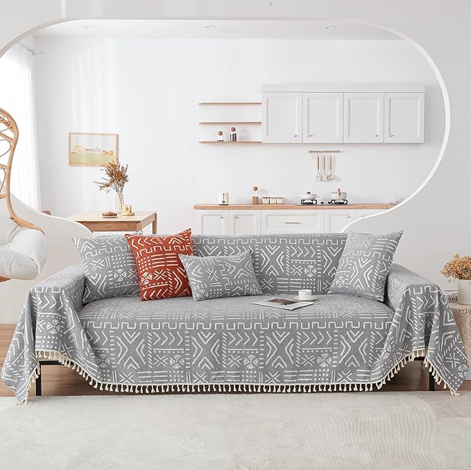 HANDONTIME Bohemian Grey and White Couch Cover for Dogs Aztec Tribal Sofa Covers for 3 Cushion Couch Aesthetic Tassel Couch Slipcover Sofa Seat Cover Universal Loverseat Cover Futon Cover, 71" X150"