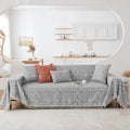 HANDONTIME Bohemian Couch Cover - Grey & White Aztec Tribal Pattern for 3 Cushion Couch, Aesthetic Tassel Sofa Slipcover, Universal Size, 71" X134"