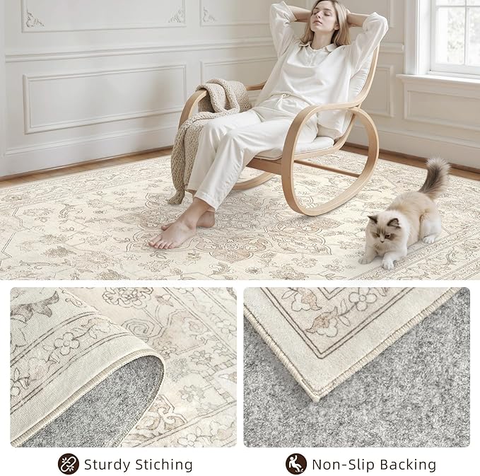 Area Rugs 9x12 Living Room: Vintage Boho Neutral Washable Rug Indoor Soft Large Area Rug Carpet for Bedroom Nursery Farmhouse Dining Room Office Floor Non-Slip Low Pile Under Table Rug Beige White