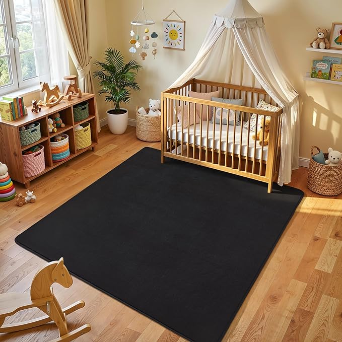 Amearea 4x4 Square Area Rugs for Bedroom Living Room, Modern Black Thickened Memory Foam Rug, Fluffy Indoor Washable Rug Non Slip Minimalist Carpet for Entryway Kids Boys Girls Dorm Nursery Room Decor