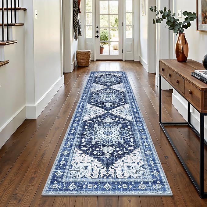 Yamaziot Washable Runner Rug, 2x8 Non-Slip Boho Vintage Hallway Rug Runner with Rubber Backing, Stain Resistant & Low Pile Faux Wool Distressed Carpet Runner for Bedroom, Kitchen, Laundry, Entrance