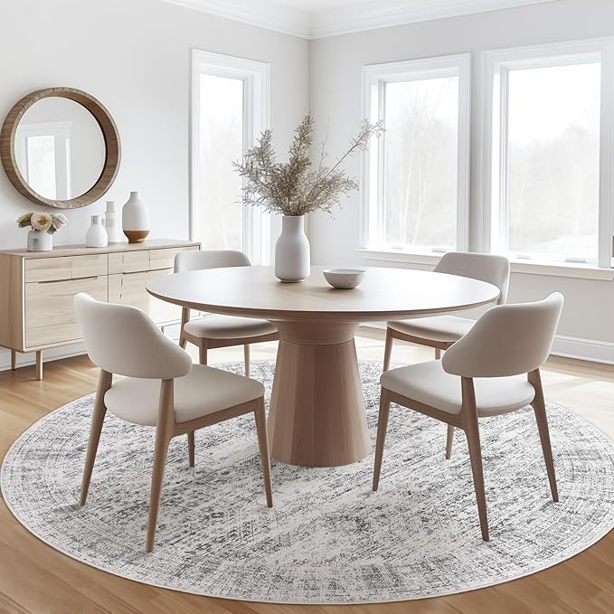 Soalmost 5x5 Grey Round Rug 5ft Living Room Circle Rug Vintage Gray Round Area Rug Non Slip Indoor Carpet for Entryway Dining Room Bedroom