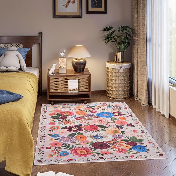 Pink Area Rug 4x6 Rug Washable Boho Rugs Non Slip Low Pile Floral Small Carpet for Bedroom, Bedside, Kids Room, Office, Dining Room(Light Pink, 4 x 6)