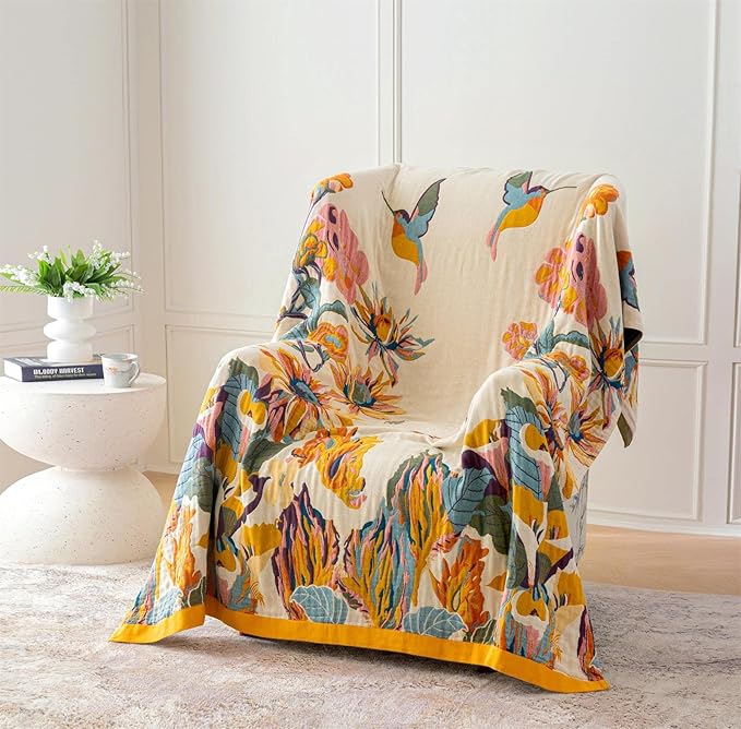 MSGKV Boho Throw Blanket 60''x80'',100% Cotton Blanket for Couch Bed, Spring Breathable Quilt Farmhouse Home Decor Soft Lightweight Picnic Blankets