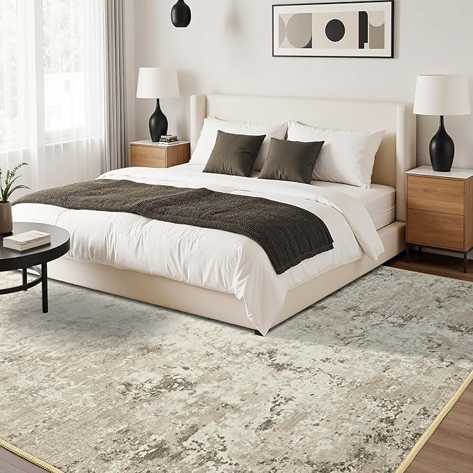 Toneed Abstract Area Rug Modern Washable Rug Soft Non Slip Rug Low Pile for Bedroom Living Room Dining Room Beige 6x9 Feet