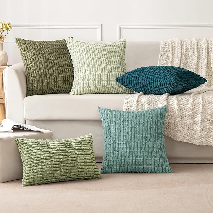 MIULEE Pack of 2 Corduroy Decorative Throw Pillow Covers 18x18 Inch Soft Boho Striped Pillow Covers Modern Farmhouse Home Decor for Summer Sofa Living Room Couch Bed Teal Green