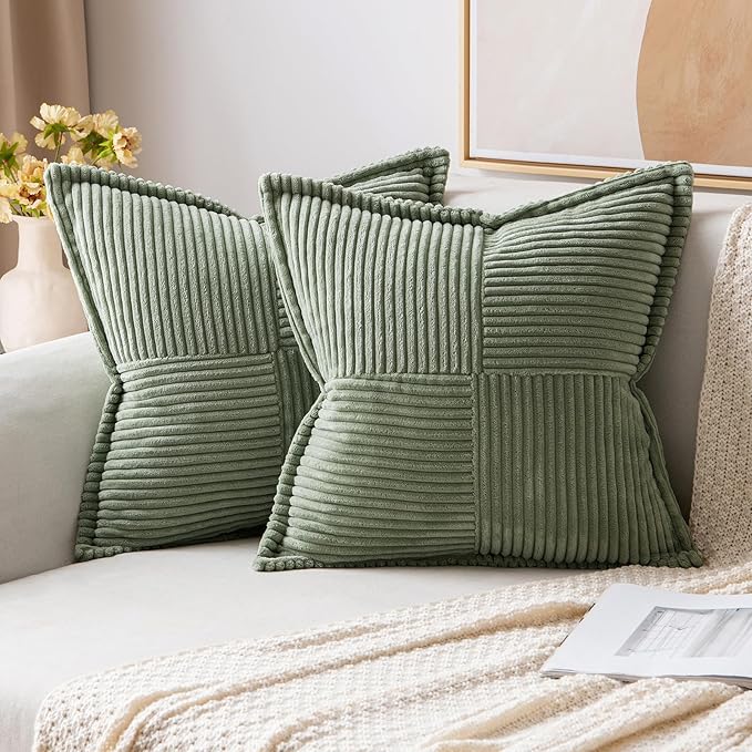 MIULEE Decorative Euro Sham Throw Pillow Covers for Couch Bed Livingroom 24x24 Inch Set of 2 Light Olive Green Boho Accent Throw Pllows Broadside Striped Patchwork Soft Corduroy Summer Pillowcases