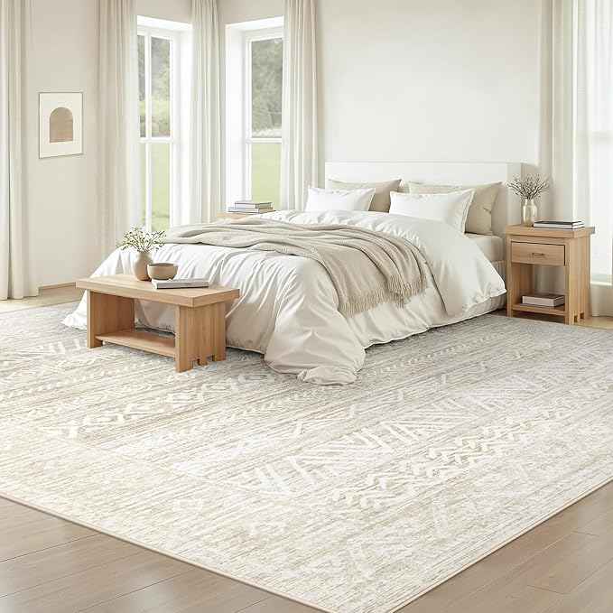 Living Room Rugs 8x10: Washable Moroccan Geometric Boho Rug Farmhouse Non Slip Stain Resistant Large Rug Low Pile Soft Carpet for Bedroom Dining Room Kids Room (Ivory Beige,8'x10')