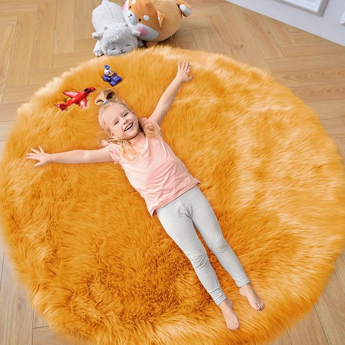 duduta Yellow Faux Sheepskin Round Rug 4x4 ft, Fluffy Shag Fur Bedroom Nursery Kids Playroom Rug Dorm Decor Non Slip Washable
