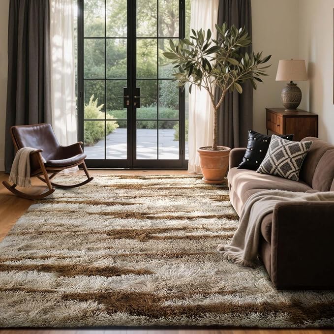 Area Rugs for Living Room, 6x9 Feet Soft Fluffy Shagg Plush Rug High Pile Large Indoor Modern Non-Slip Floor Carpet for Bedroom Nursery Kids Home Room Dorm Decor Aesthetic Tie-Dyed Khaki