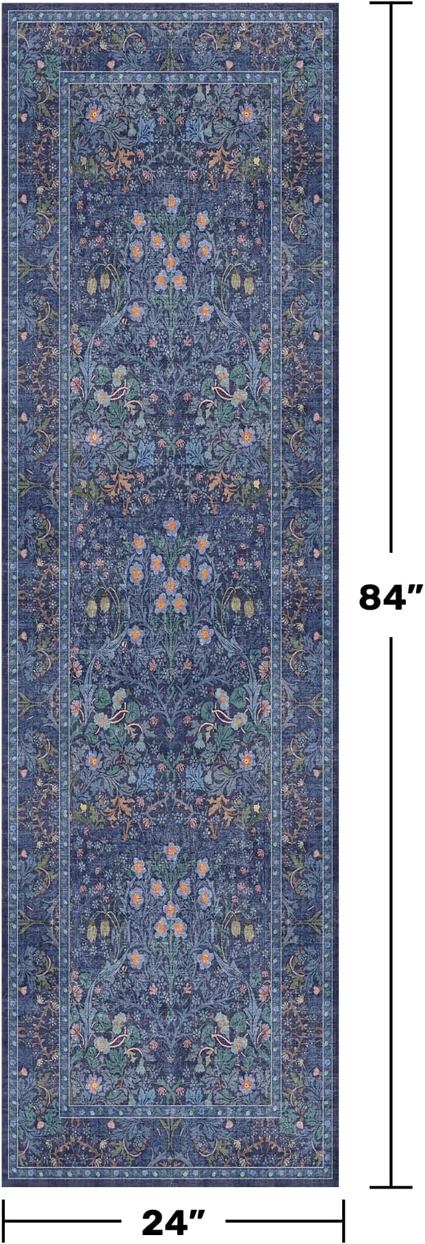 Non Slip 2x7 Dark Blue Runner Washable - Stain Resistant Long Runner Rugs for Kitchen, Entryway, Hallway, Bathroom, Bedroom Bedside - Dusky Navy Vintage Floral Décor