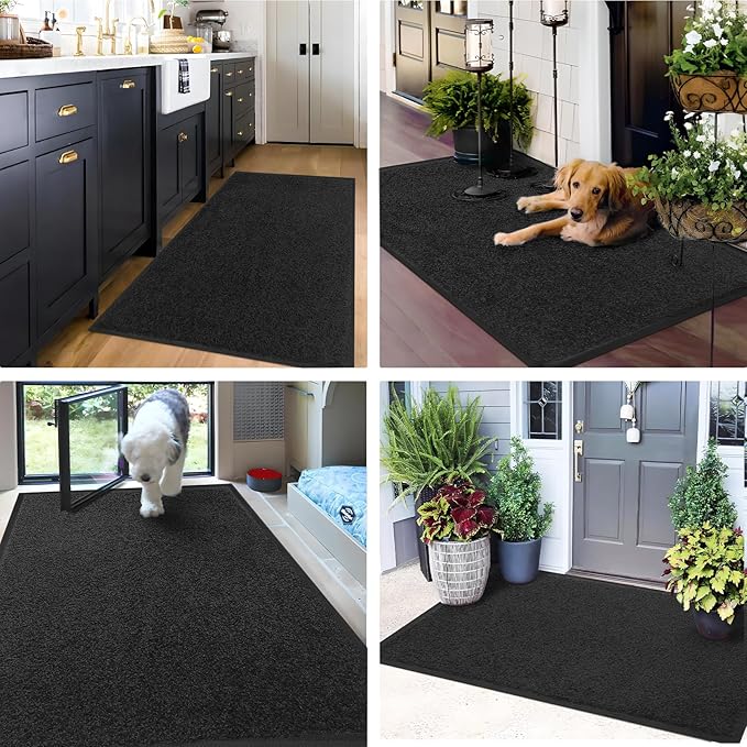 Mibao Dirt Trapper Door Mat for Indoor Outdoor, Waterproof All-Season, All-Weather Doormat, Heavy Duty Non-Slip Entrance Rug, Low Profile Absorbent Entrance Mat Carpet, 48" x 24", Black