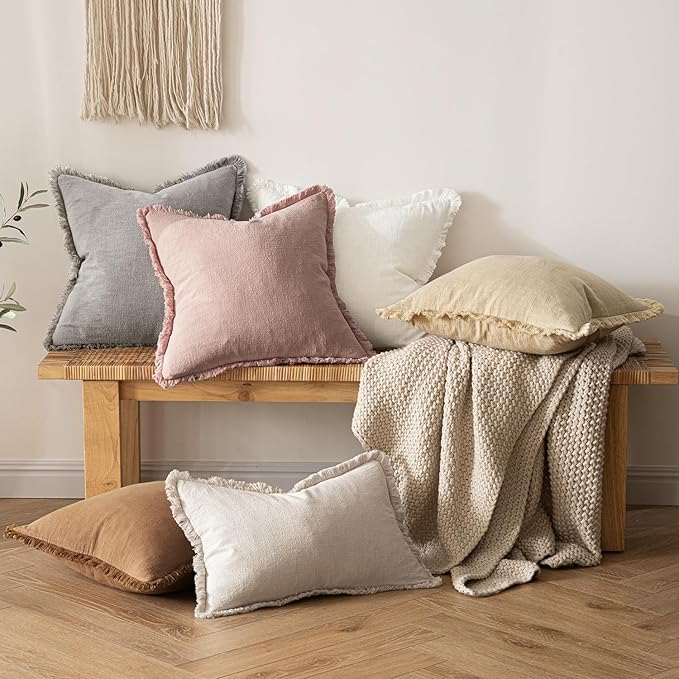 MIULEE Valentines Decorative Throw Pillow Covers Neutral Linen Fringe Throw Pillows Set of 2 Pink Boho Farmhouse Cushion Covers with Tassels for Couch Sofa Bed Living Room Spring Decor 20x20 Inch