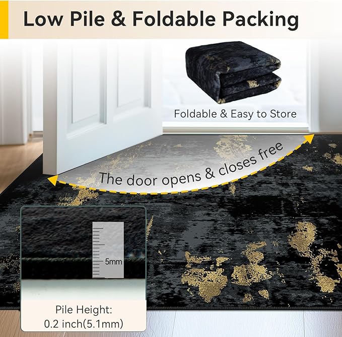 Washable Area Rugs 8'x10' Non-Slip Modern Abstract Soft for Living Room Entryway Bedroom Nursery, Print Pattern, Dark Black Gold