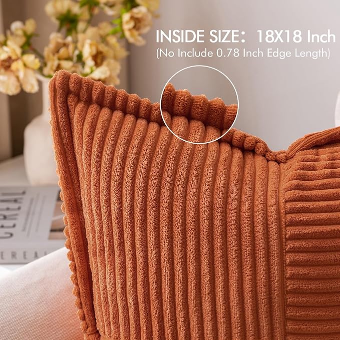 MIULEE Rust Decorative Throw Pillow Covers for Couch Bed Livingroom 18x18 Inch Set of 2 Boho Accent Throw Pllows Broadside Striped Patchwork Soft Corduroy Pillowcases