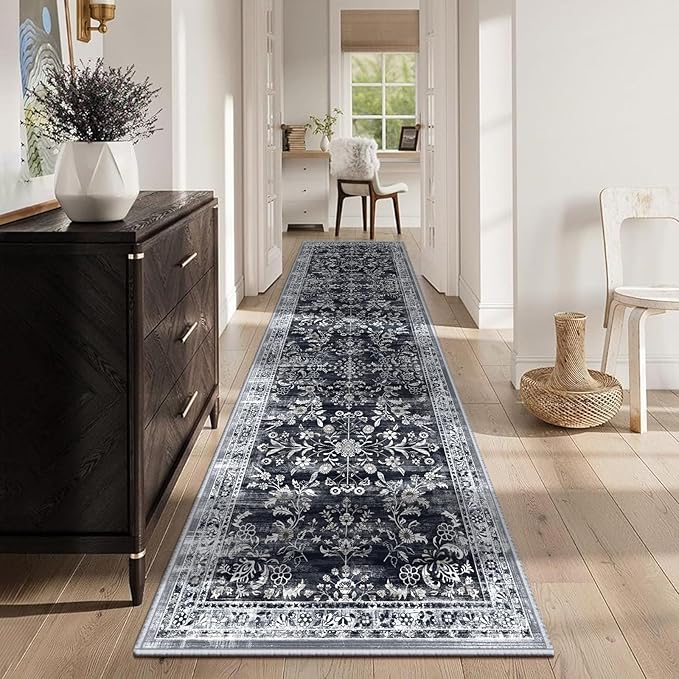 Yamaziot Washable Runner Rug 2x12 – Non Slip Boho Floral Hallway Runner Rug with Rubber Backing, Low Pile Faux Wool Distressed Carpet for Kitchen, Laundry, Bedroom, Entrance, Navy/Black