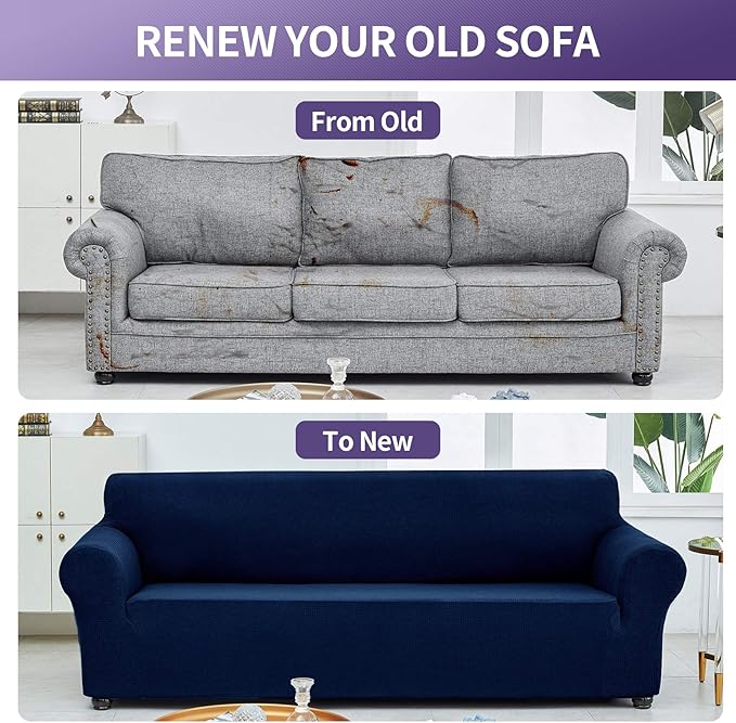 Joccun Stretch Couch Cover Slipcovers, 1-Piece Sofa Covers for 3 Cushion Couch Spandex Jacquard Washable Furniture Protector Cover for Living Room,Kids,Pets(Sofa,Navy)