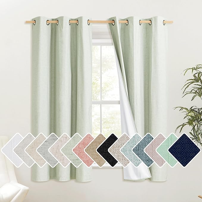 NICETOWN Sage Green Linen Blackout Cold Reducing Curtains for Night Shift, Great Job, Set of 2, 42" by 63", Short Kitchen Burlap Linen 100% Blackout Drapes with Bronze Grommets for Blocking Light
